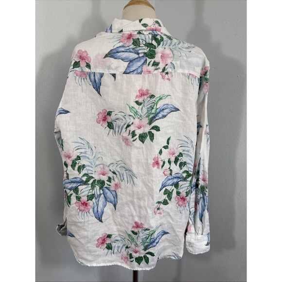 Tommy Baham Shirt Womens L Floral Linen Button Up Blouse Beach Vacation - Picture 4 of 9